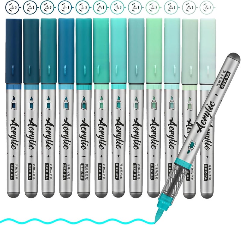 ZZWUAPT Mint Green Acrylic Paint Pens,12 Color Paint Pen Markers,Brush Tip Paint Pens for Rock Painting Wood Glass Ceramic Canvas Stone DIY Crafts Making Art Supplies - Image 1